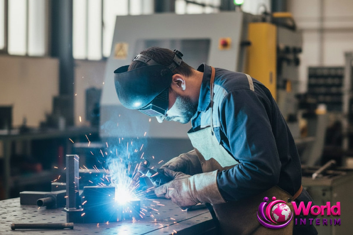 Ouvrier roumain effectuant une soudure de précision en atelier.
