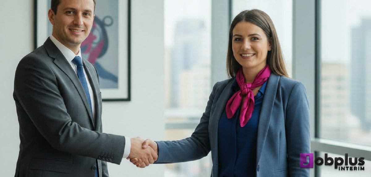 Manager français et représentant Job Plus Intérim scellent un partenariat réussi par une poignée de main.