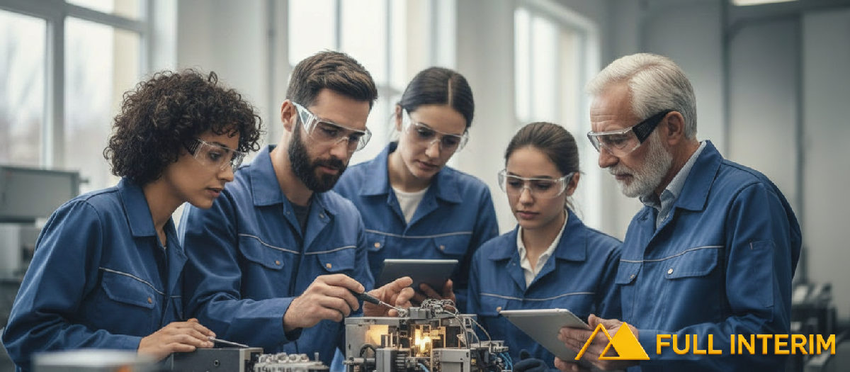 Équipe diverse collaborant sur un projet industriel.