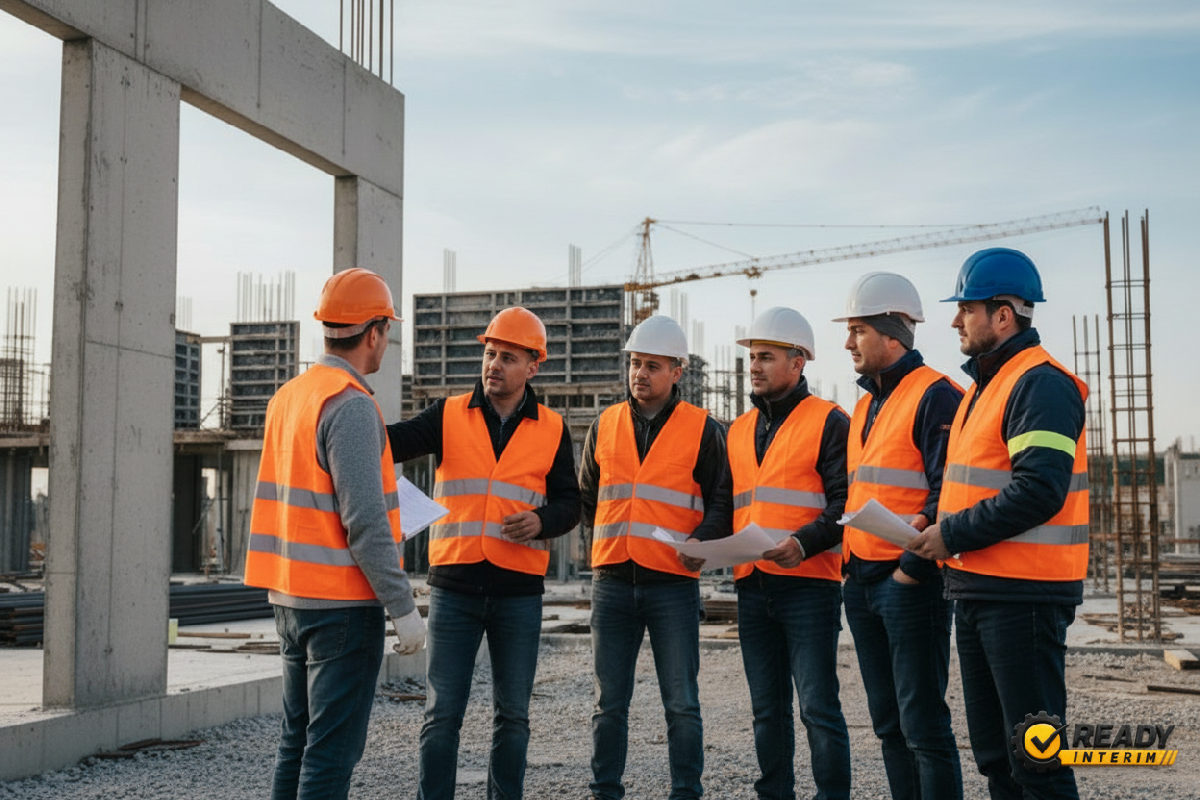 Un responsable explique les consignes de sécurité sur un chantier.