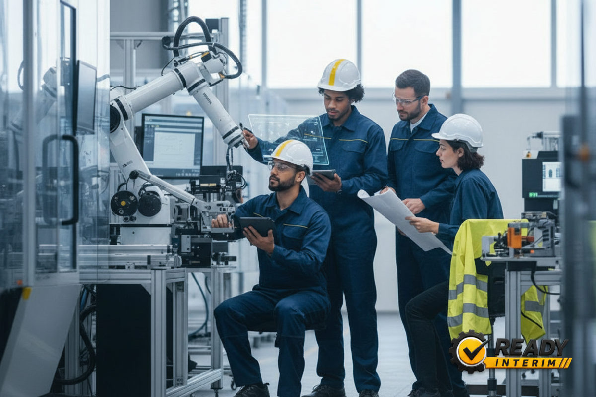 Travailleurs français et roumains collaborant dans une usine.