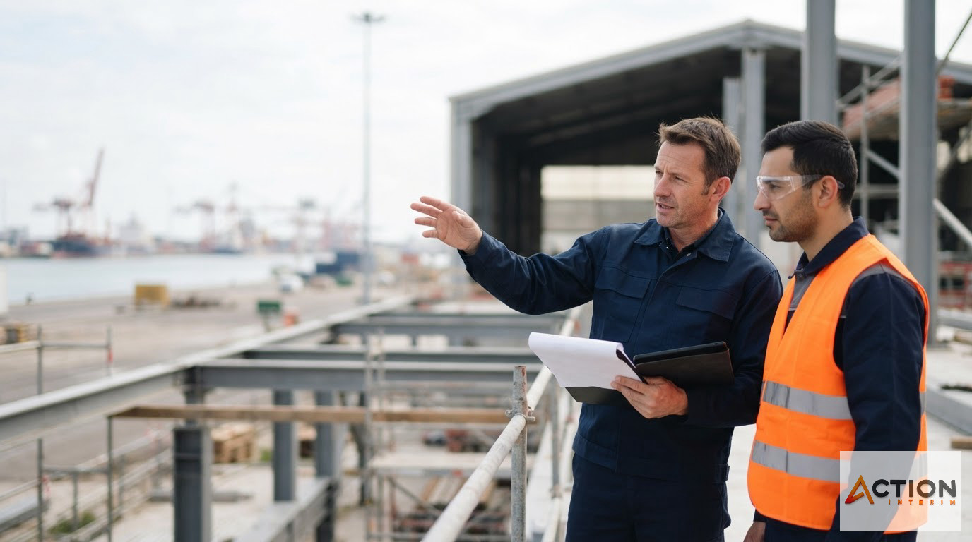 Vue industrielle du port de Dunkerque avec des travailleurs en tenue professionnelle.