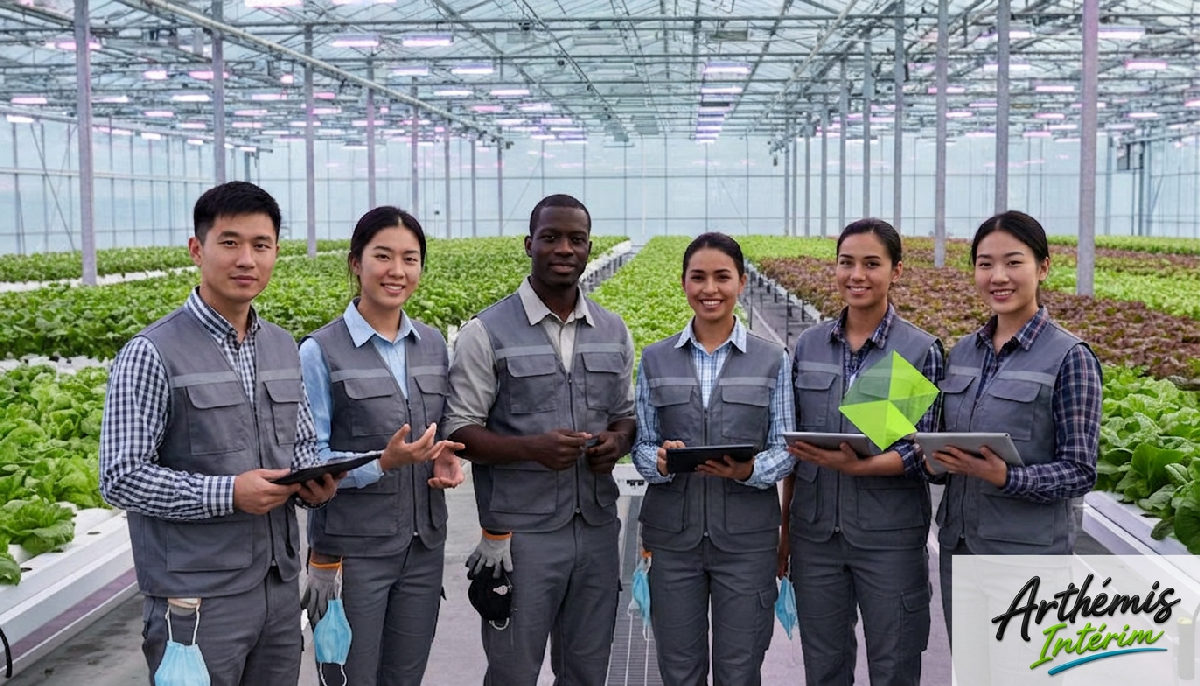 Travailleurs agricoles diversifiés dans une serre moderne, incarnant la coopération internationale.