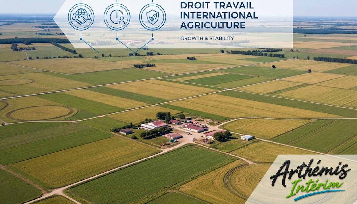 Vue aérienne d'une ferme avec des données sur le droit international du travail agricole.