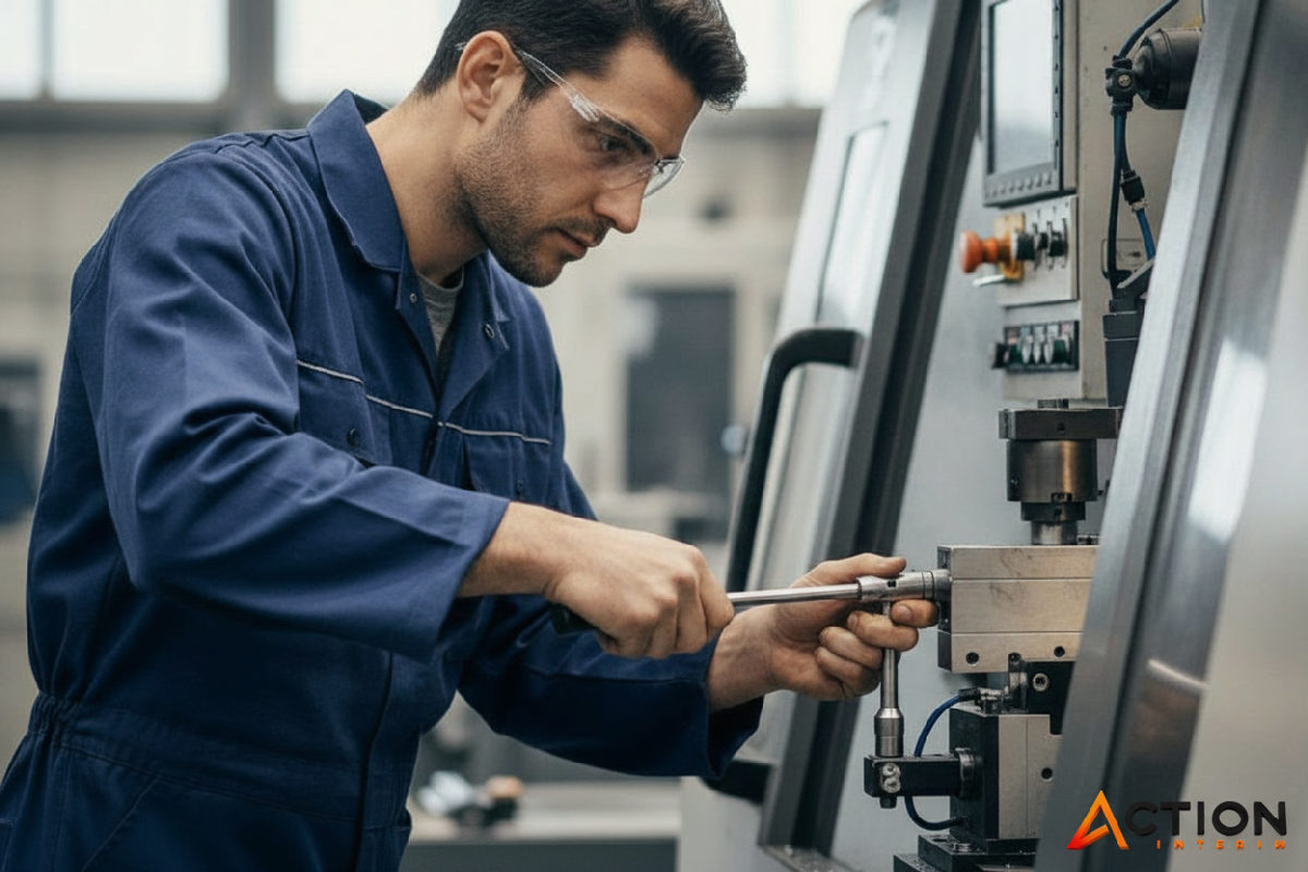 Technicien industriel ajustant une machine de précision pour une main-d'œuvre flexible.