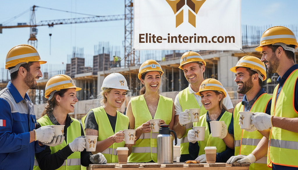 Paysagiste et ouvriers sur un chantier, souriant.