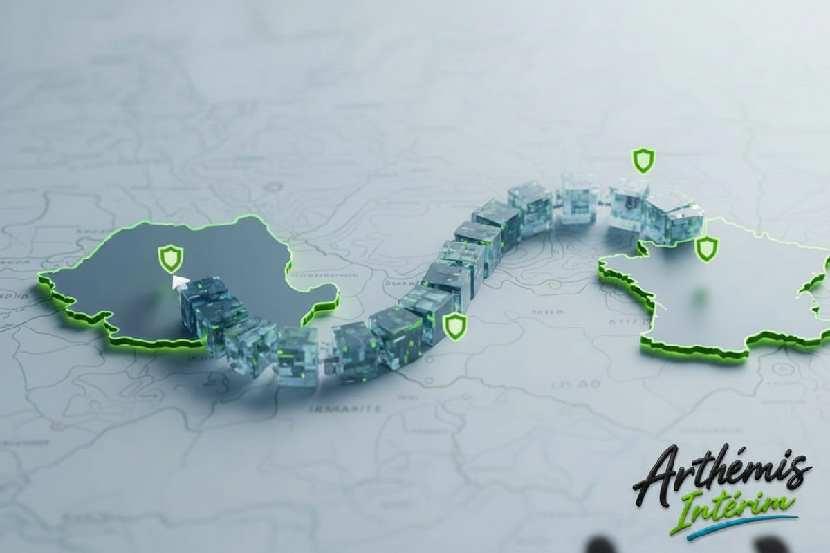 Infographie : flux sécurisé des données Roumanie-France, RGPD.