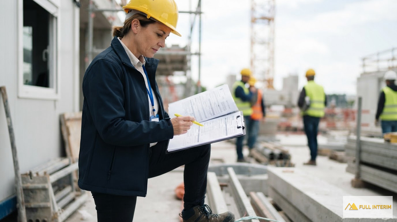 Un inspecteur du travail vérifiant des documents sur un chantier.