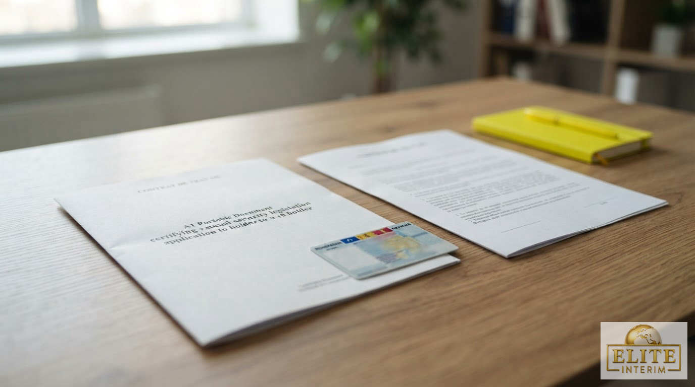 Gros plan sur un formulaire A1, une carte d'identité roumaine et un contrat.