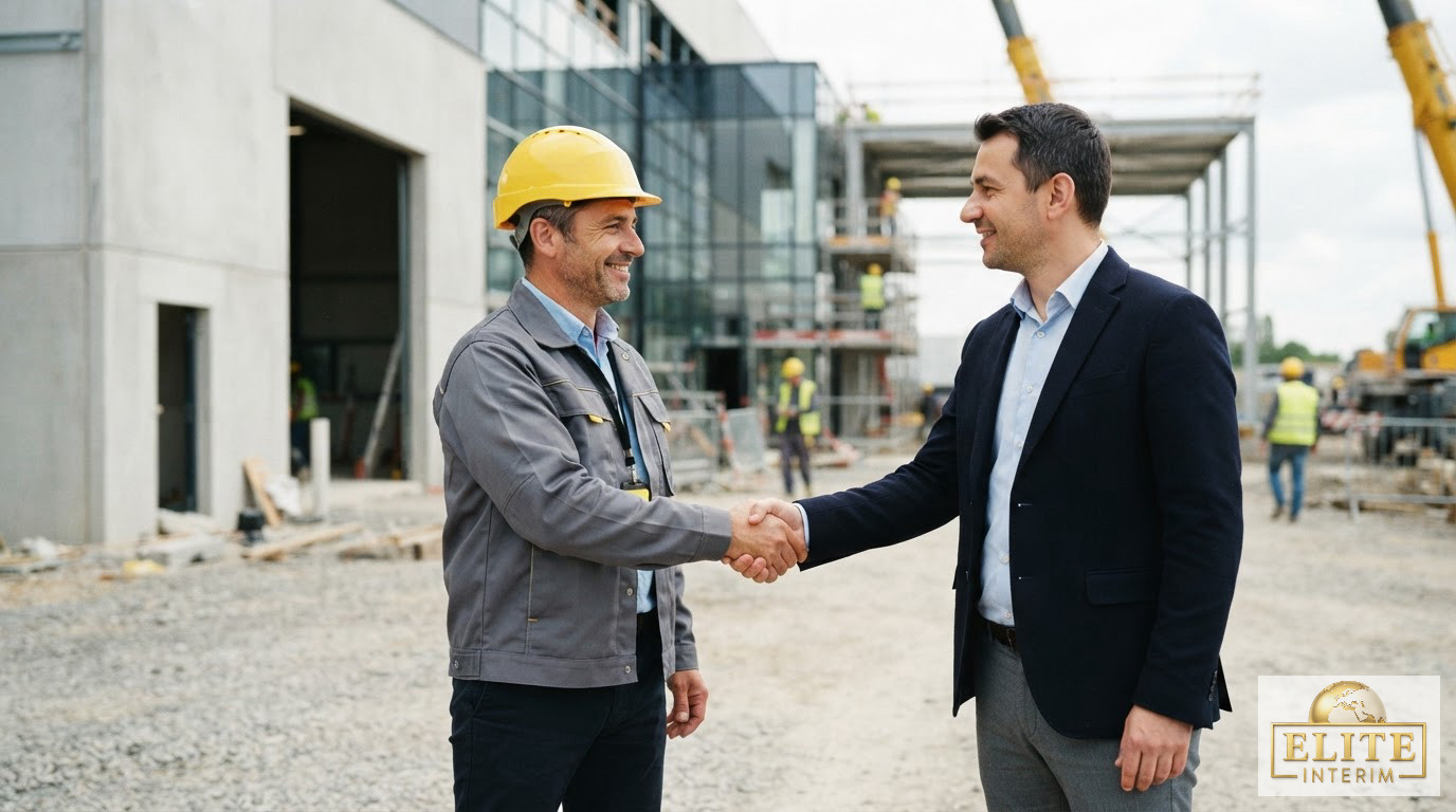 Poignée de main entre deux professionnels devant un site industriel moderne.