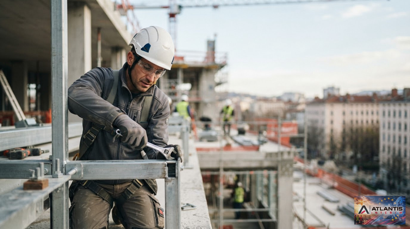 Un ouvrier qualifié en casque de sécurité sur un chantier en France.