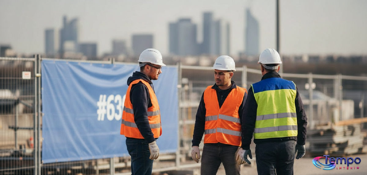 Chantier de construction en France avec ouvriers roumains équipés.