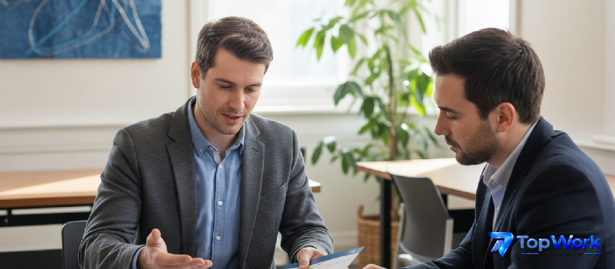 Conseiller présentant des CV de travailleurs roumains à un chef d'entreprise.