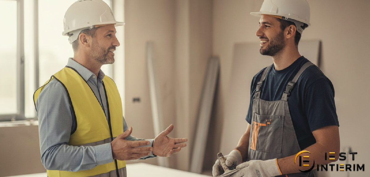 Chef de chantier français parlant avec un plaquiste roumain.