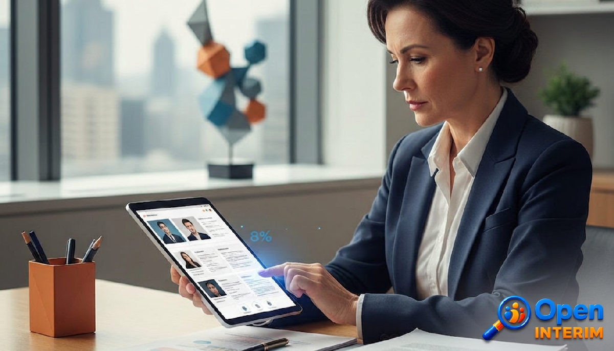 Responsable RH sélectionnant des techniciens qualifiés sur tablette.