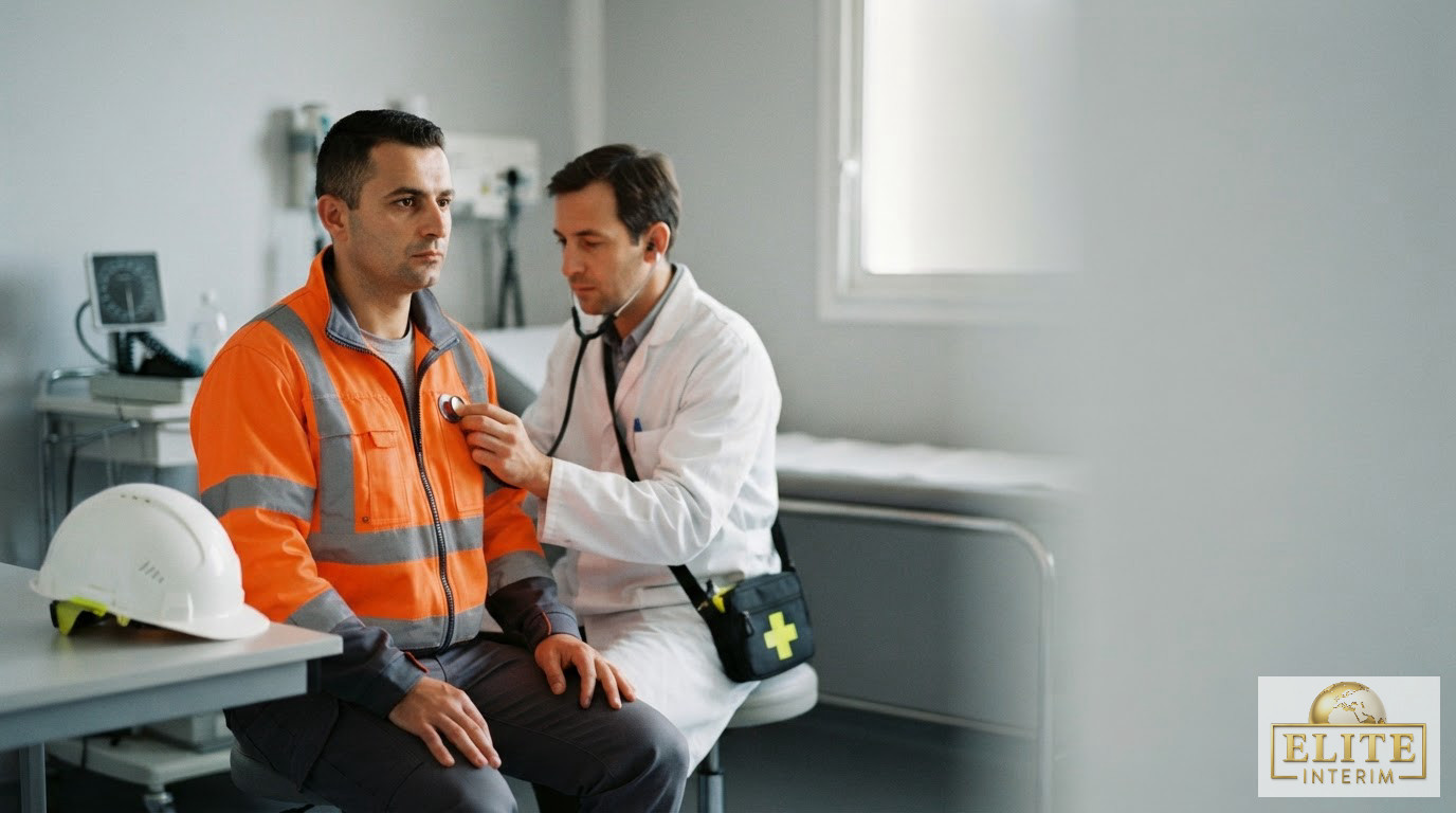 Ouvrier roumain en équipement de chantier passant une visite médicale en France.