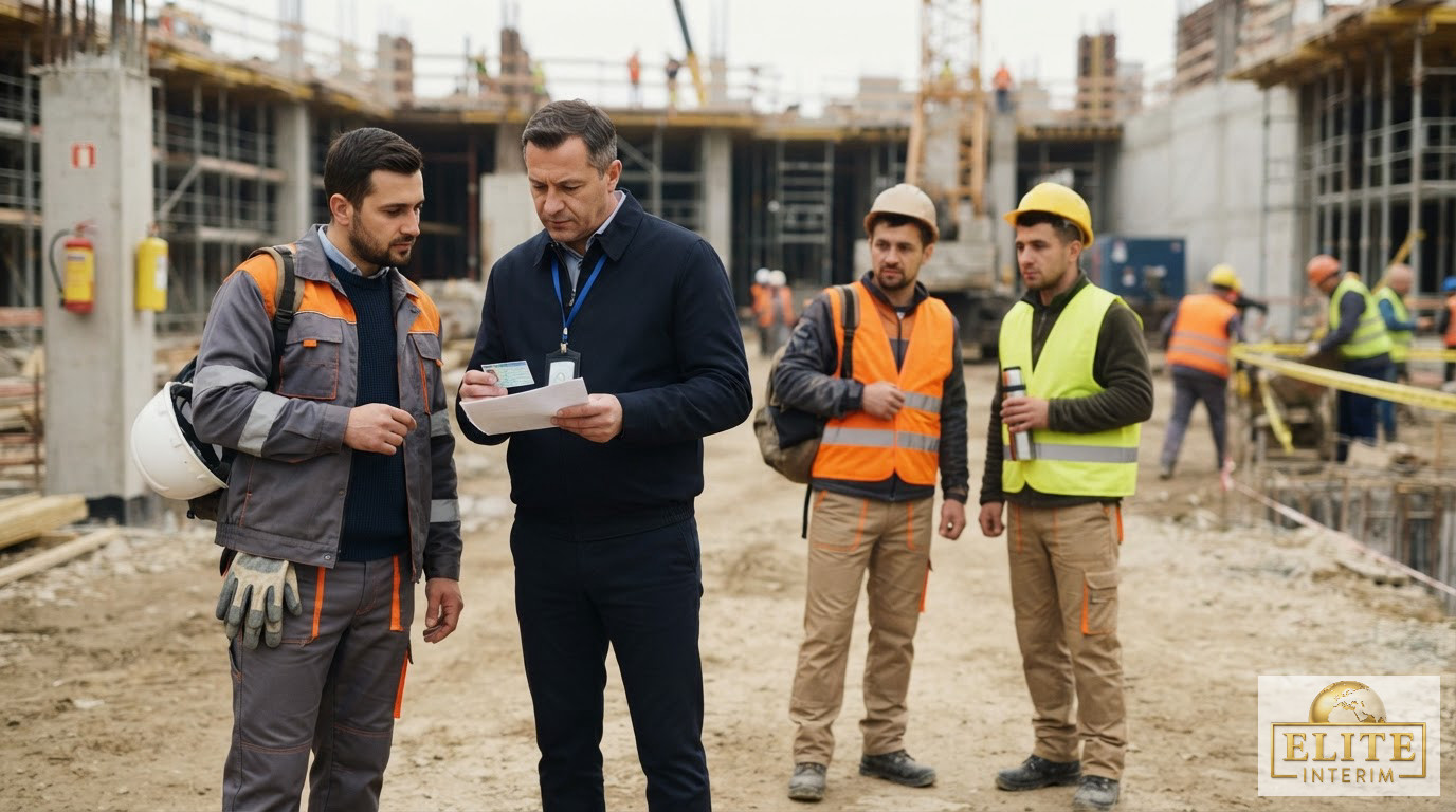 Inspecteur vérifiant les cartes BTP et assurances d'ouvriers sur un chantier.