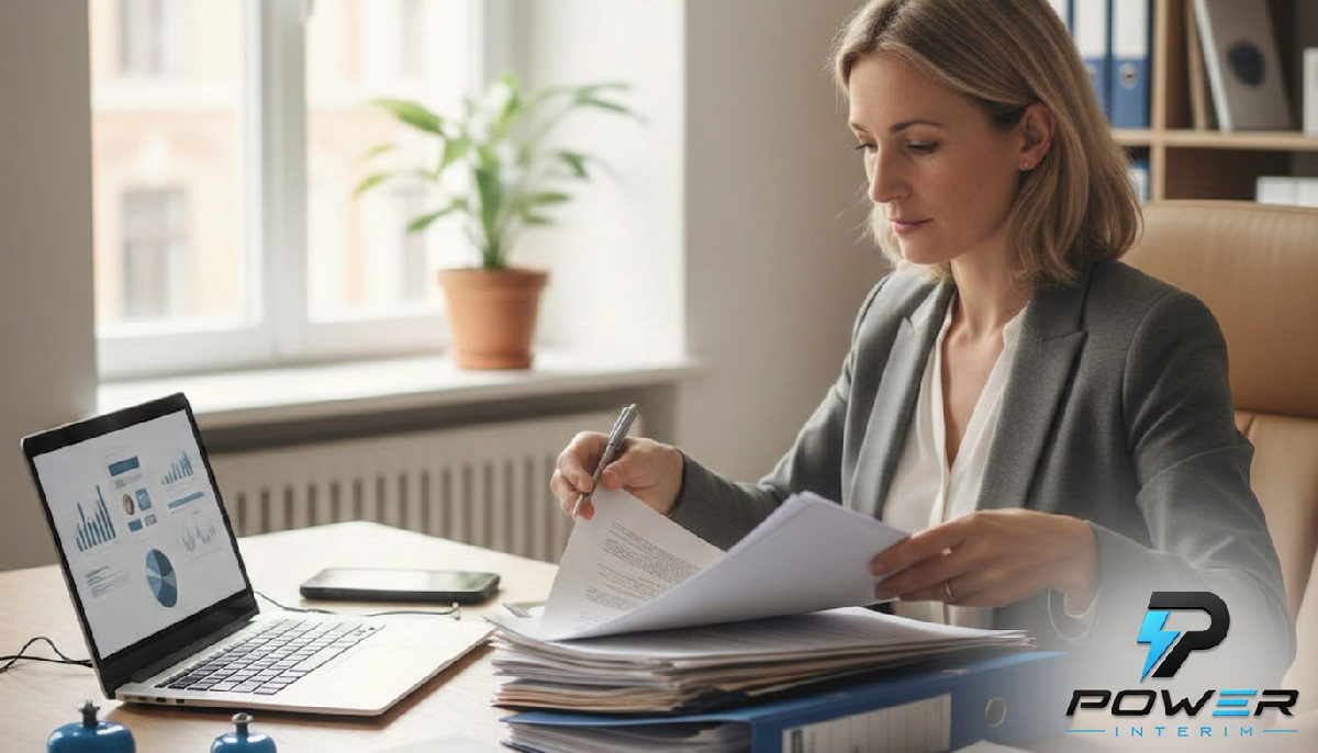 Bureau RH triant des documents pour travailleurs roumains détachés.