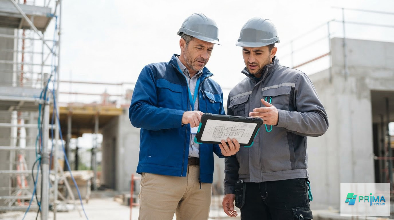 Un conducteur et un ouvrier collaborant sur une tablette devant un plan technique.