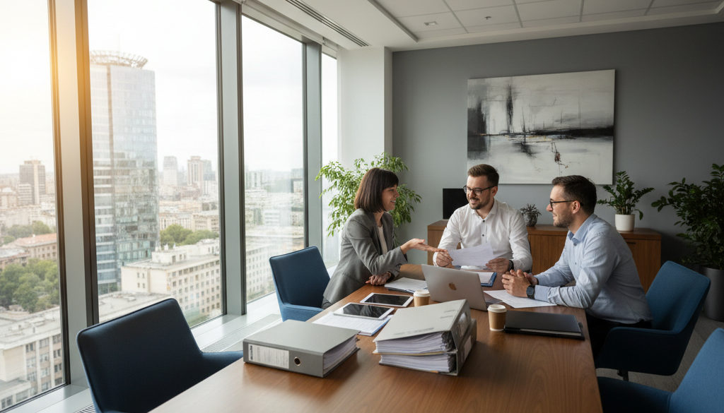 intérim Roumanie guide – Professionnels RH dans un bureau de Bucarest discutant de contrats.