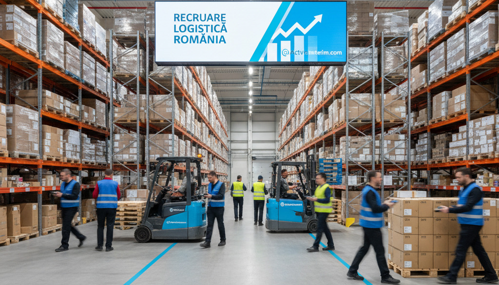 recrutement logistique Roumanie - Entrepôt logistique moderne avec préparateurs de commandes et chariots élévateurs.