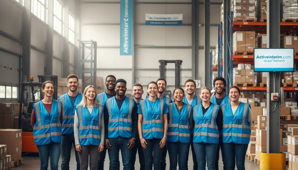 Travailleurs internationaux souriant dans un entrepôt avec gilets de haute visibilité.