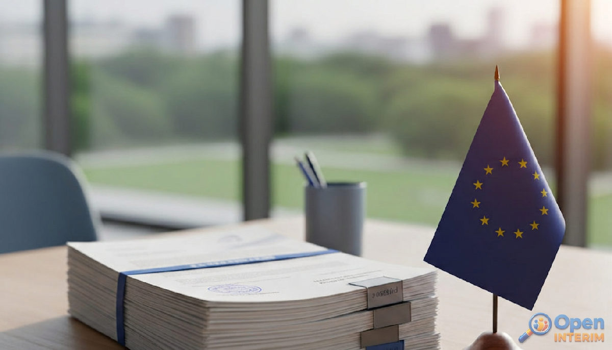 Sécurité administrative : documents légaux et drapeau de l'UE.
