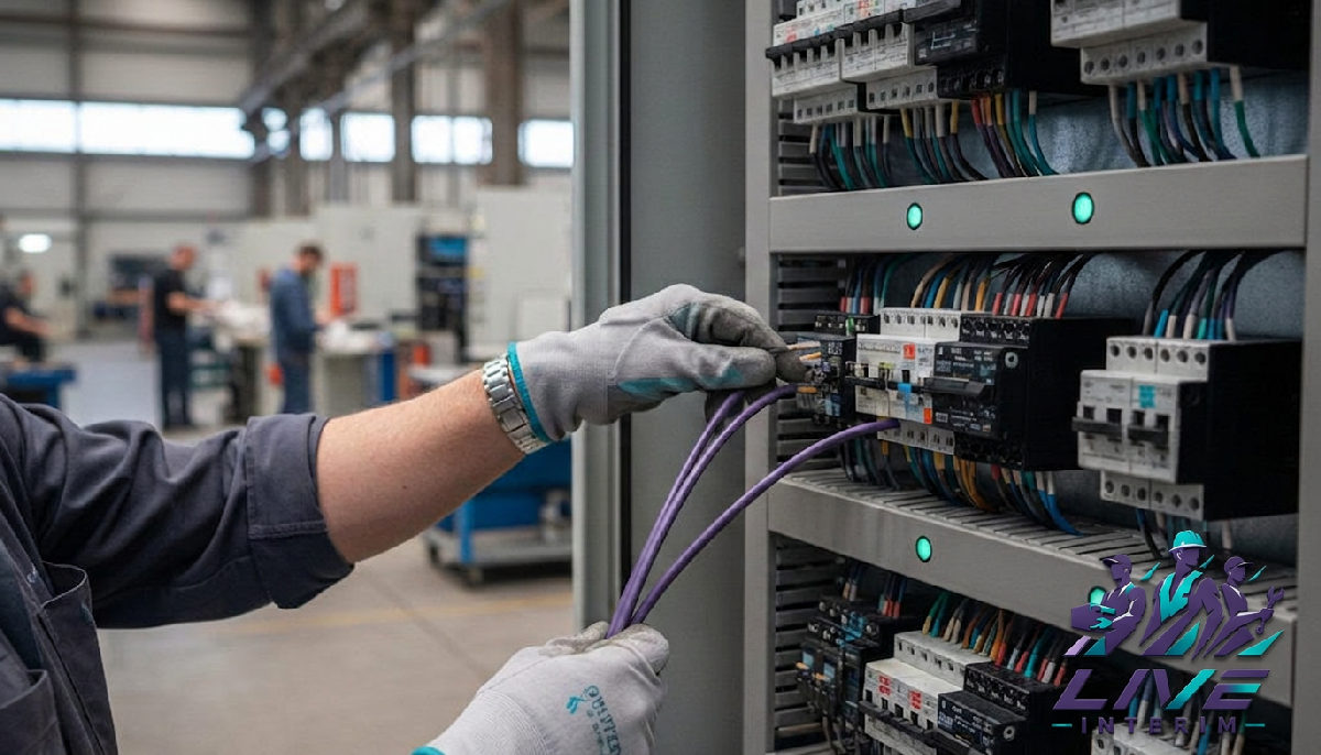 Mains d'un électricien roumain travaillant sur une armoire électrique.