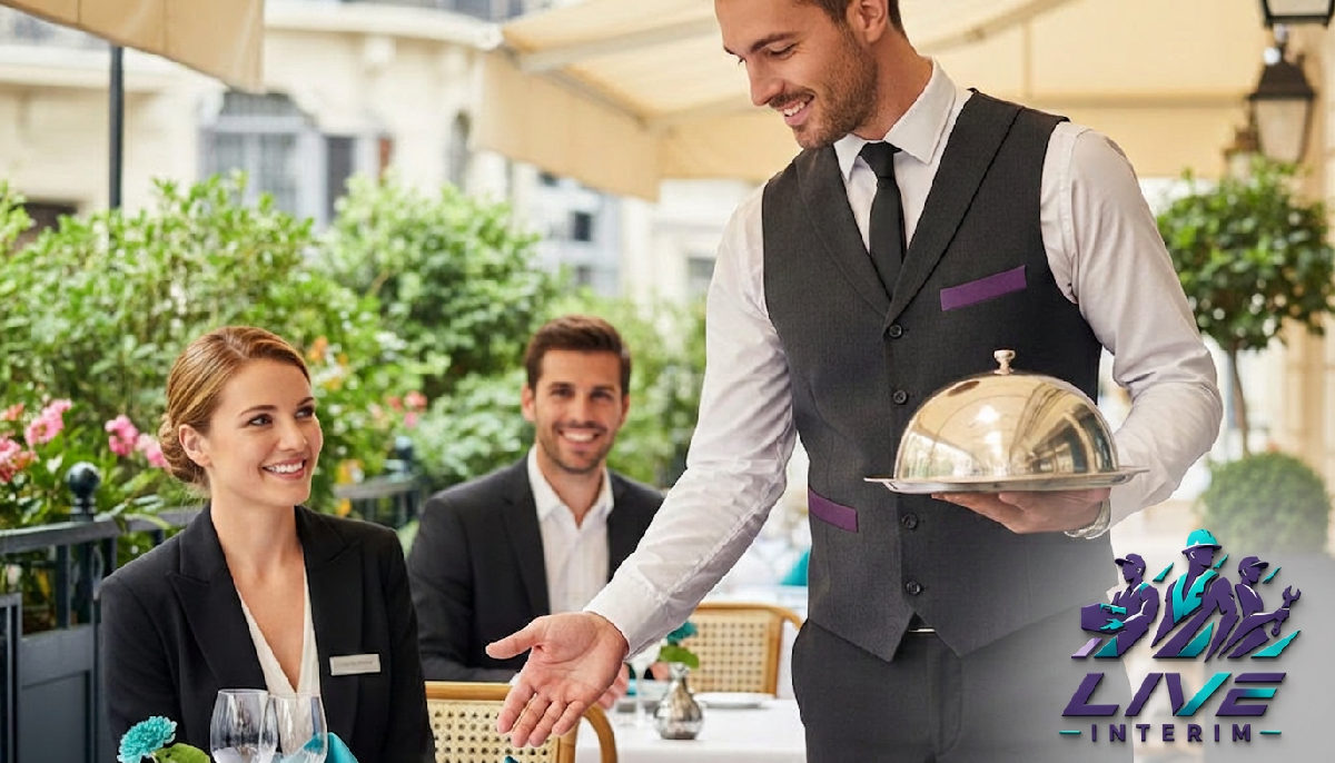 Serveur roumain en terrasse de restaurant français en été.