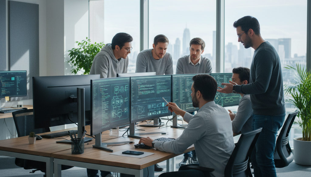 recrutement technologie – Développeurs collaborant sur du code complexe dans un bureau moderne.