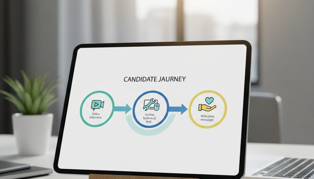 Infographie d'un parcours candidat optimisé avec des entretiens et tests numériques.