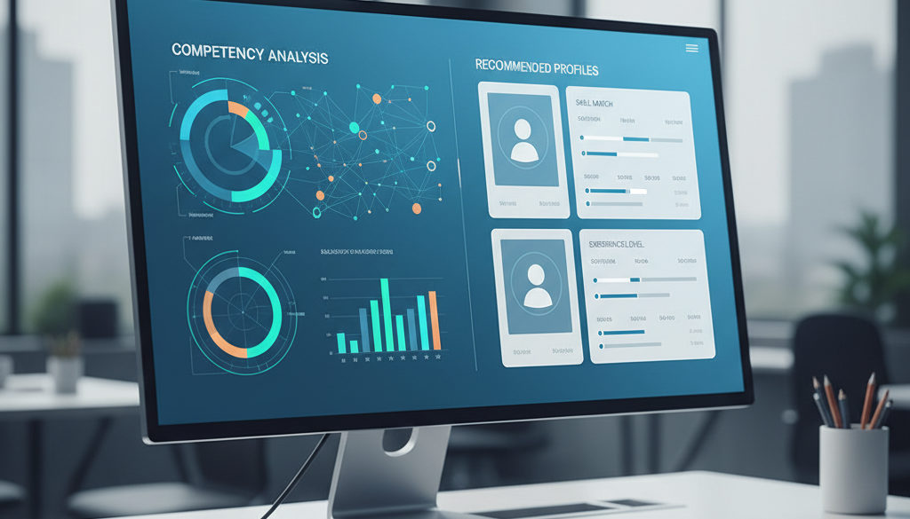 Interface IA de recrutement analysant des compétences et suggérant des profils.
