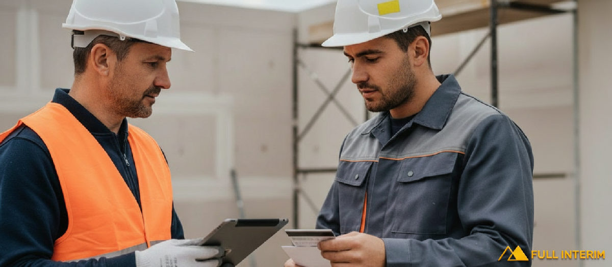 Chef de chantier français vérifiant les documents d'un plaquiste roumain.