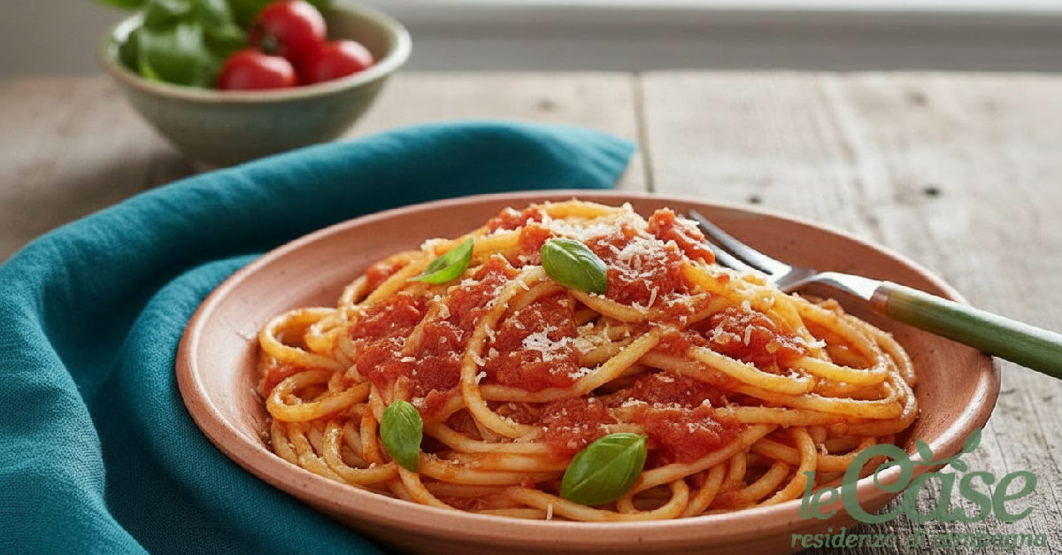Primo piano di pasta fatta in casa con pomodoro fresco.