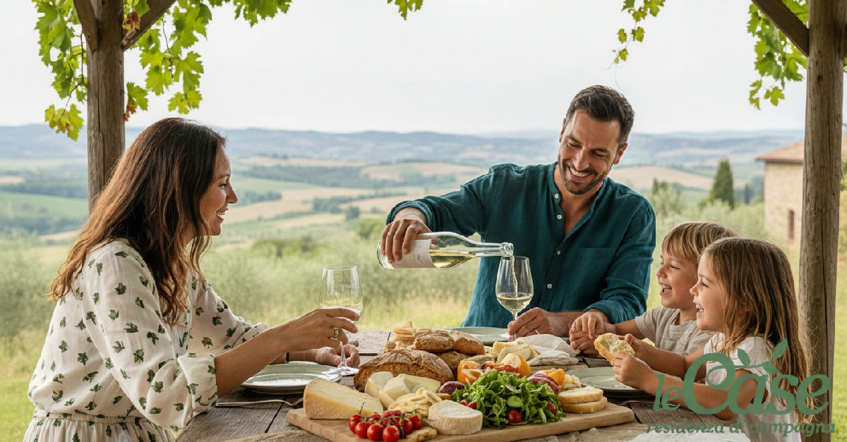Famiglia felice che mangia all'aperto in un agriturismo.