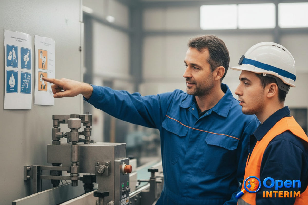 Mentor français forme un ouvrier roumain sur machine industrielle.