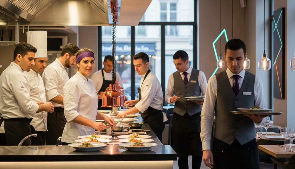 aide-cuisiniers serveurs roumains restauration - Brigade de cuisine et serveurs roumains en plein service.