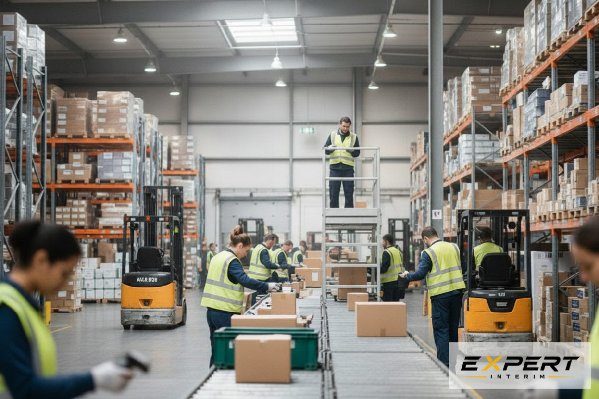 recrutement intérim rapide rentrée logistique - Entrepôt logistique animé pendant la rentrée, préparateurs et chariots en action.