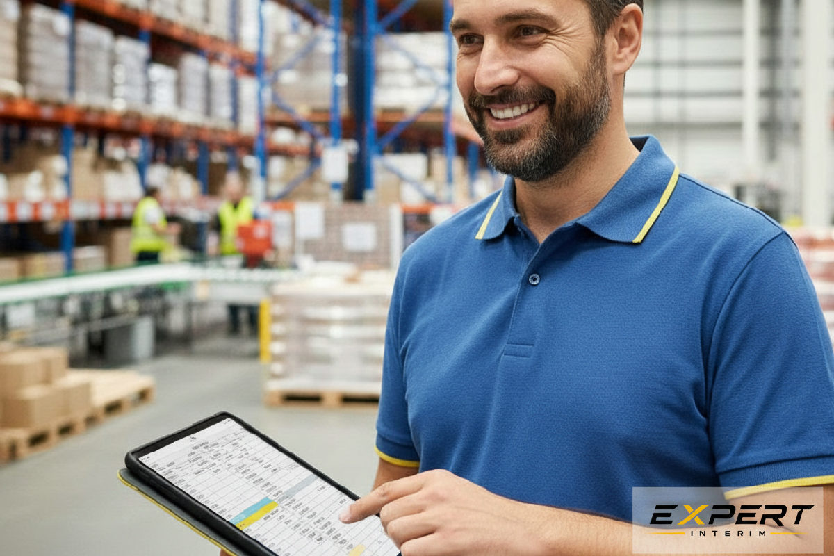 Gestionnaire de transport souriant avec tablette, optimisant les plannings intérimaires.