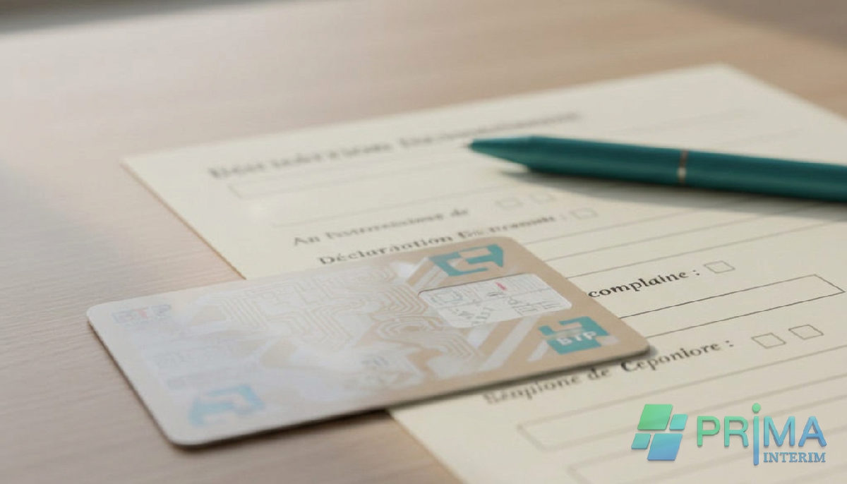 Carte BTP et formulaire de détachement, symboles de sécurité juridique.