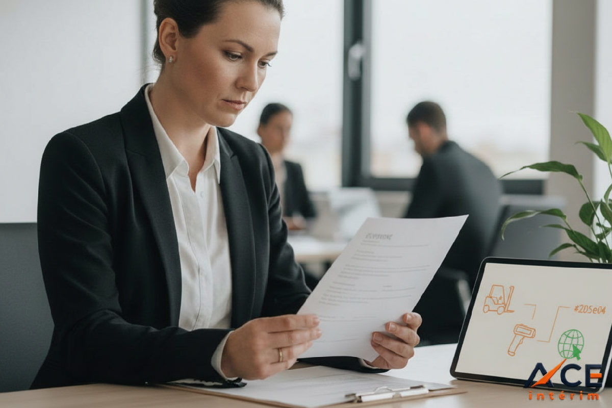 Recruteur examinant un CV avec des icônes logistiques.