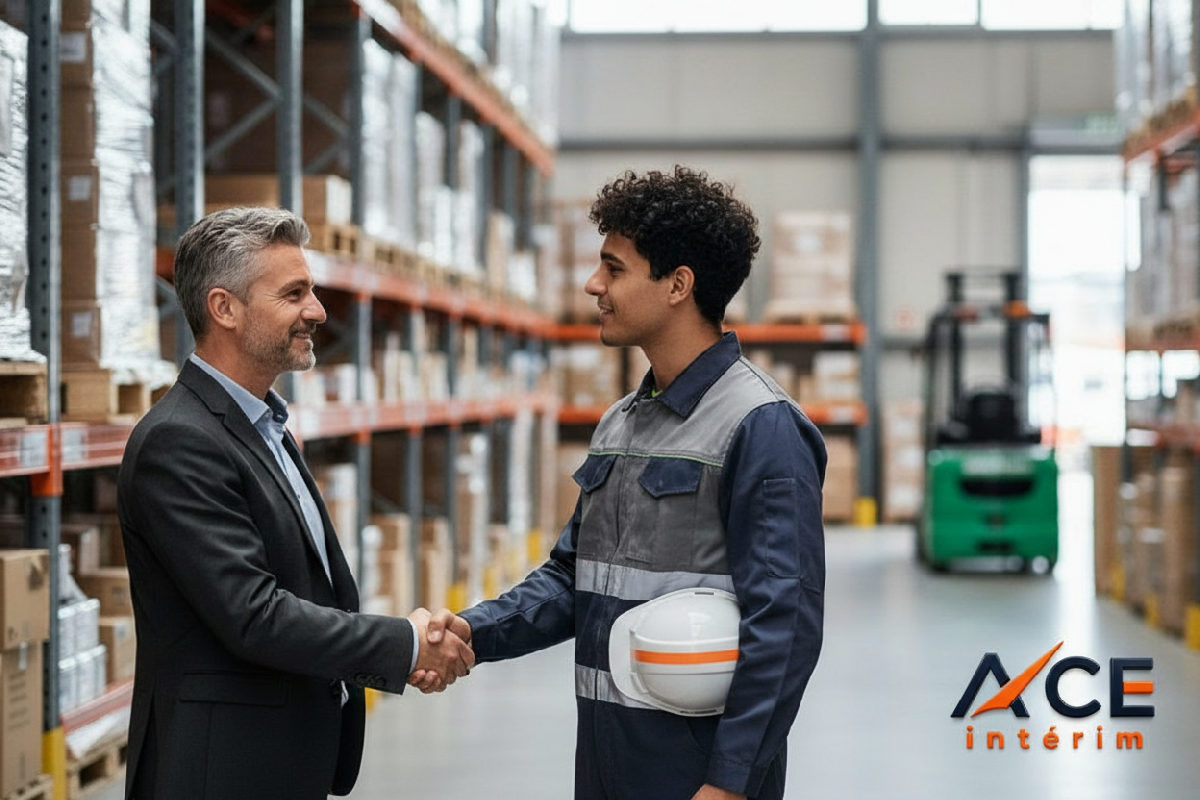 Manager français et employé roumain se serrant la main dans un entrepôt.