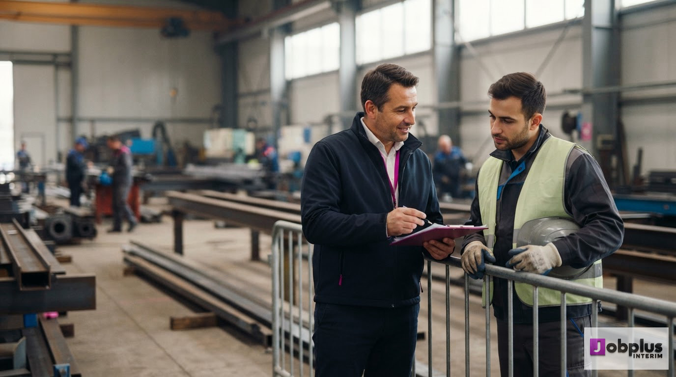 Un responsable RH discutant avec un ouvrier roumain sur un site industriel.