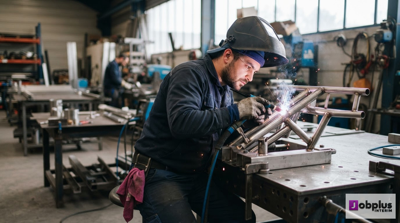 Un soudeur roumain qualifié travaillant sur une pièce métallique dans un atelier.