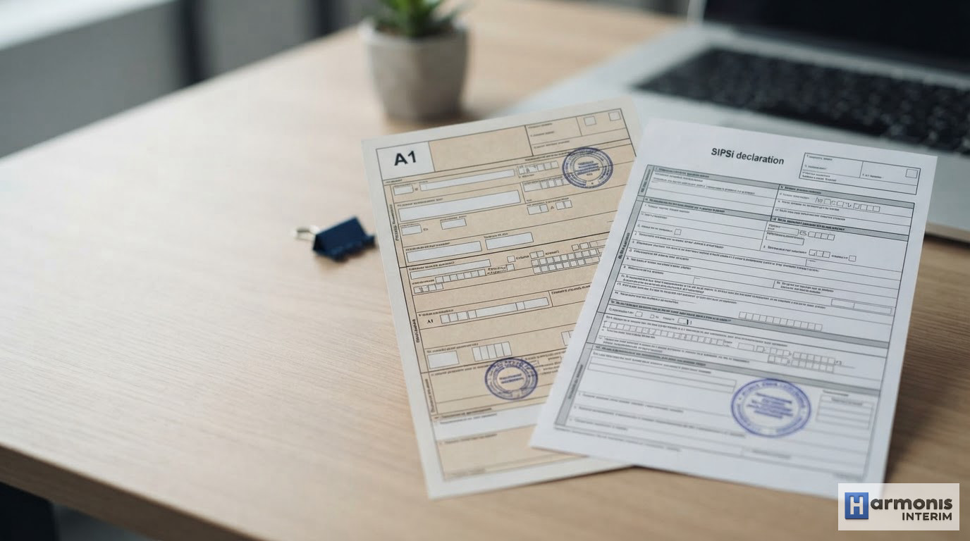 Gros plan sur un formulaire A1 et une déclaration SIPSI sur un bureau.