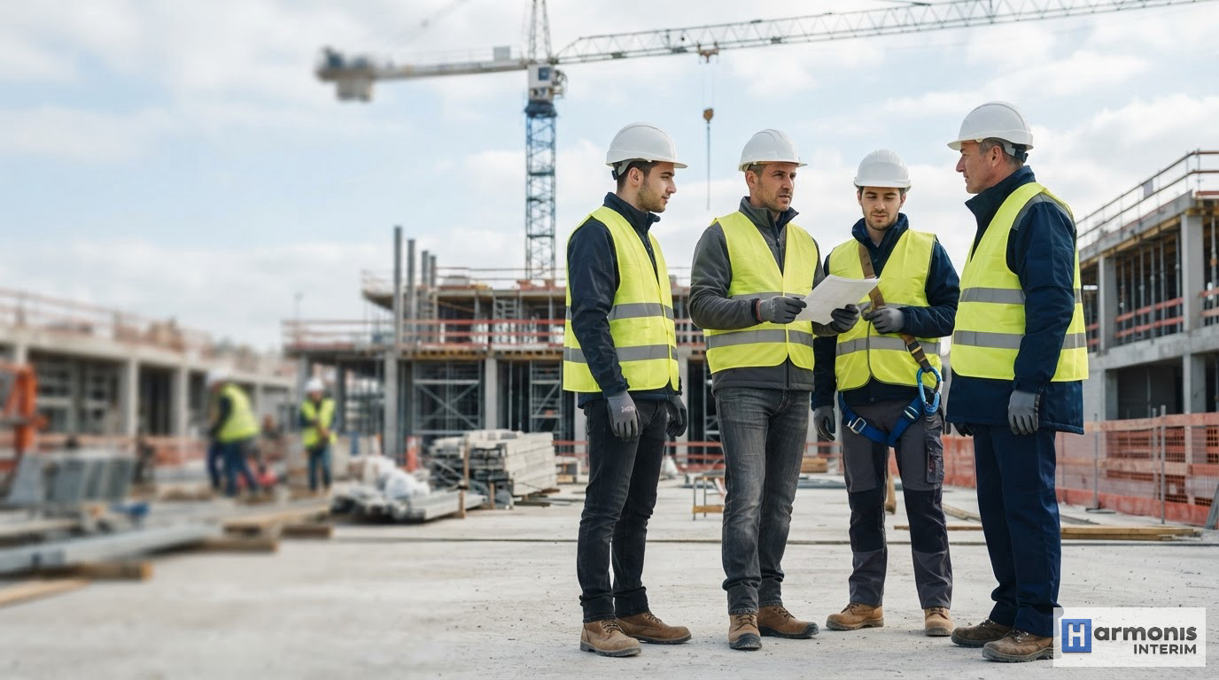 Ouvriers roumains qualifiés en tenue de sécurité sur un chantier en France.