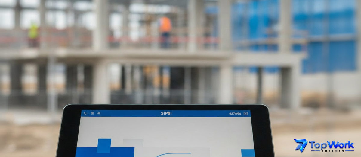 Tablette affichant le portail SIPSI sur fond de chantier.