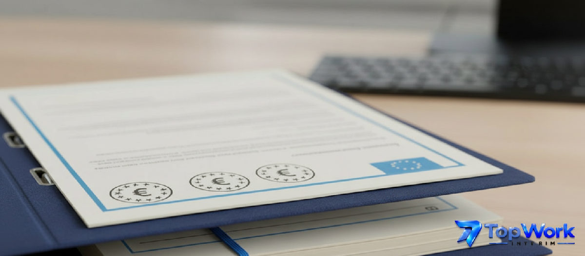 Dossier bleu avec documents officiels et tampons européens.