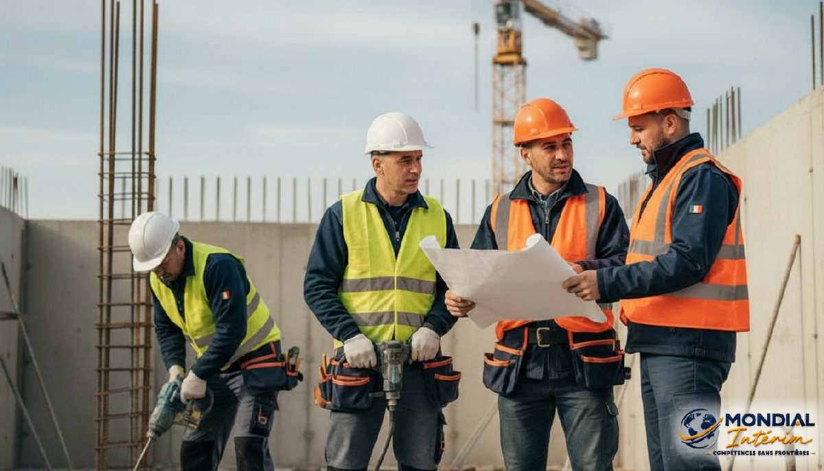 comment recruter des intérimaires roumains qualifiés - Ouvriers du BTP divers sur un chantier en France, dont un Roumain.