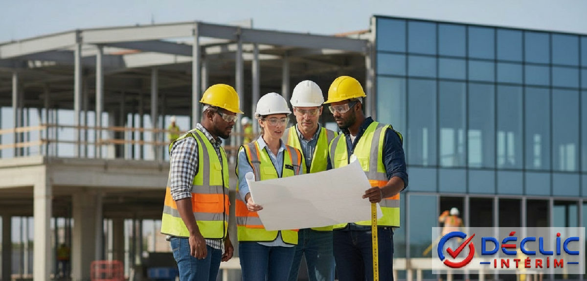 interim roumanie - Chantier moderne avec ouvriers diversifiés en tenues de sécurité.